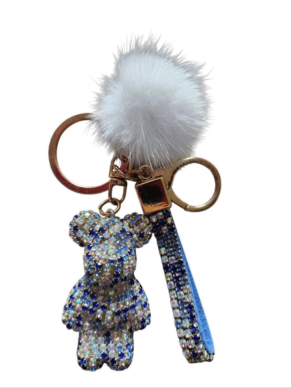 Sparkling Blue Bear Pom Pom Bag Charm Keychain New